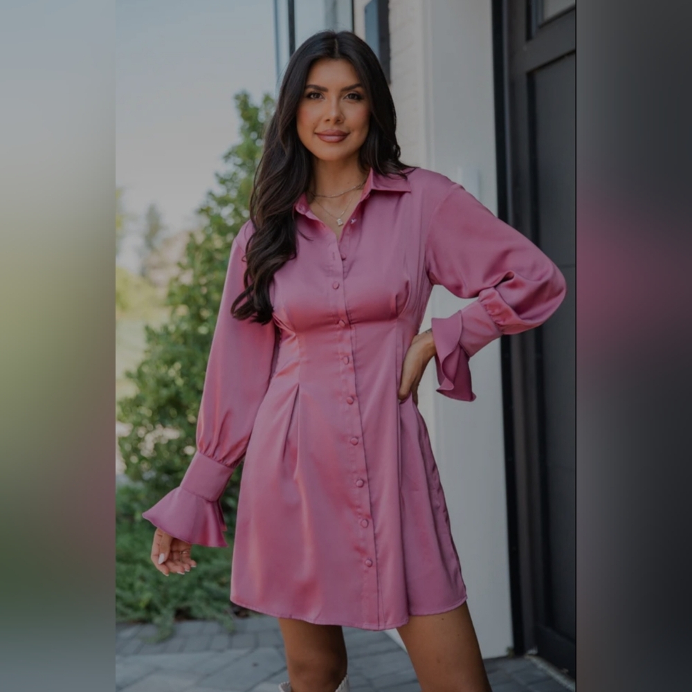 Pink Lily Manners Matter Rose Satin Collared Shirt Dress NEW